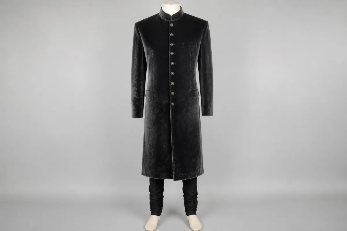 Charcoal Velvet Sherwani – Men's Charcoal Velvet Festive Sherwani + Churidar | Custom Tailored