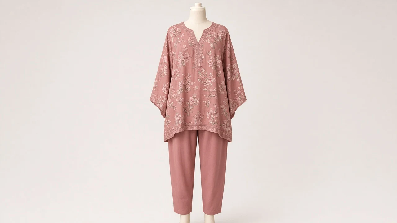 Dusty Rose Printed Kaftan Set – Dusty Rose Floral Print Kaftan with Plain Rose Trousers | Custom Tailored