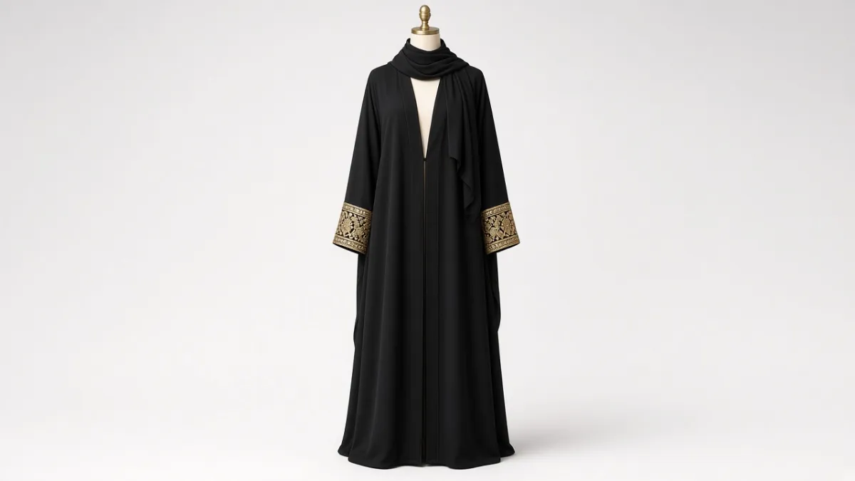 Black Embellished Cuff Abaya – Black Nida Abaya with Gold Stone Cuff Sleeves | Custom Tailored