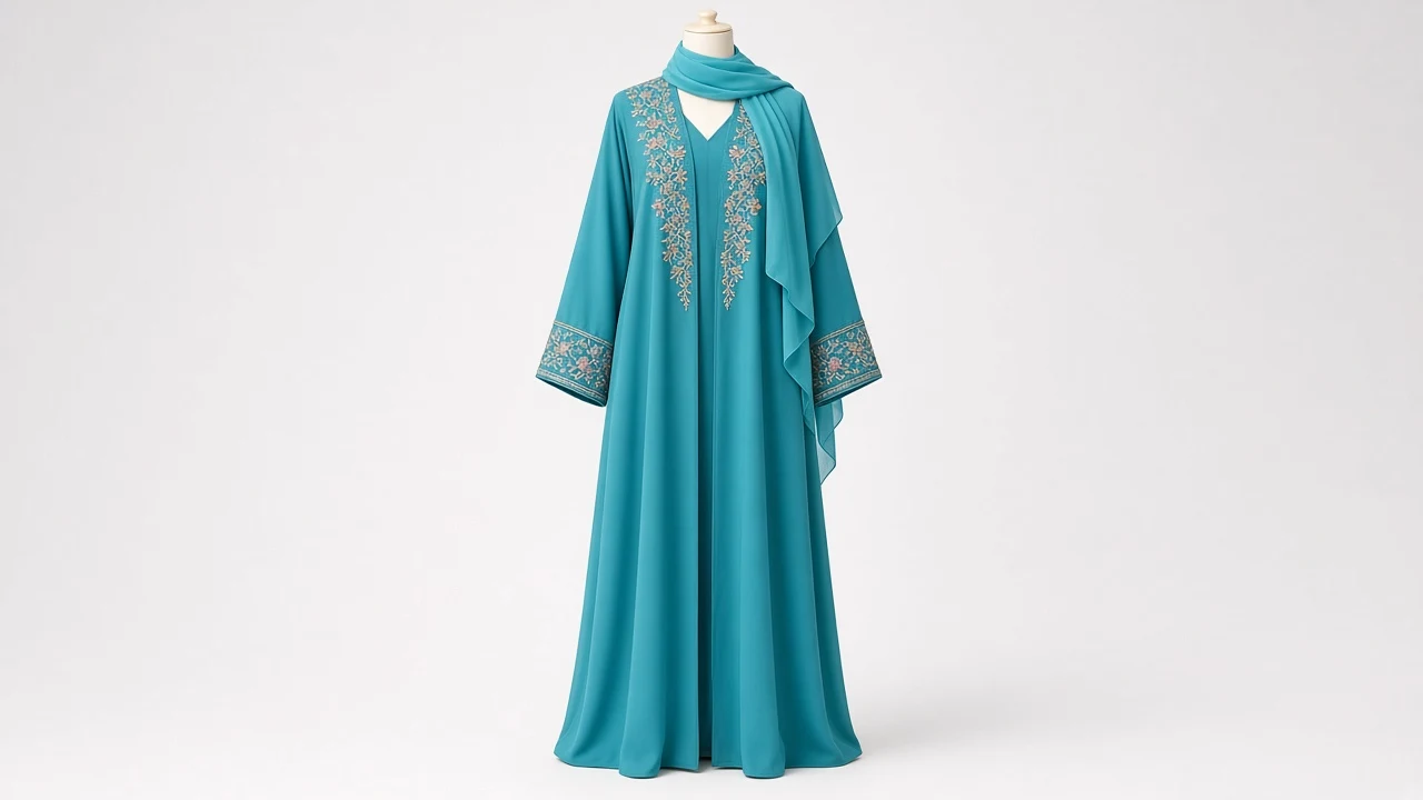 Turquoise Blue Embroidered Abaya – Firoza Nida Abaya with Floral Embroidery | Custom Tailored