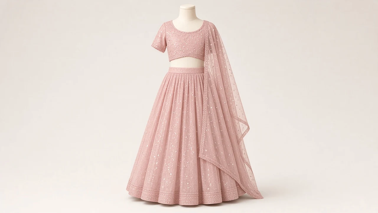 Blush Pink Sequin Eid Lehenga – Girls Blush Pink Sequin Lehenga for Eid | Custom Tailored
