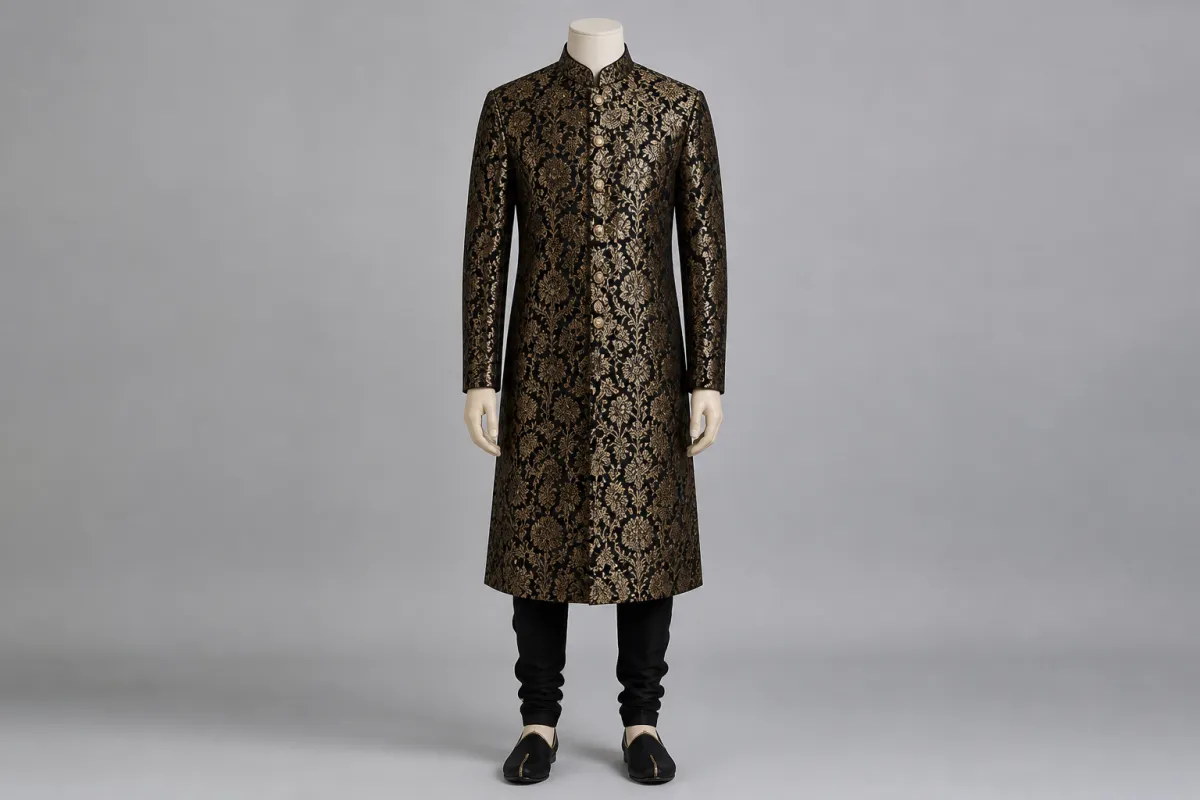 Black Zari Sherwani – Men's Black Zari Formal Sherwani + Churidar | Custom Tailored