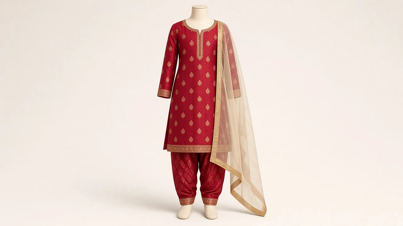 Royal Red Banarasi Salwar Kameez – Girls Crimson Banarasi Silk with Gold Butis | Custom Tailored Kids