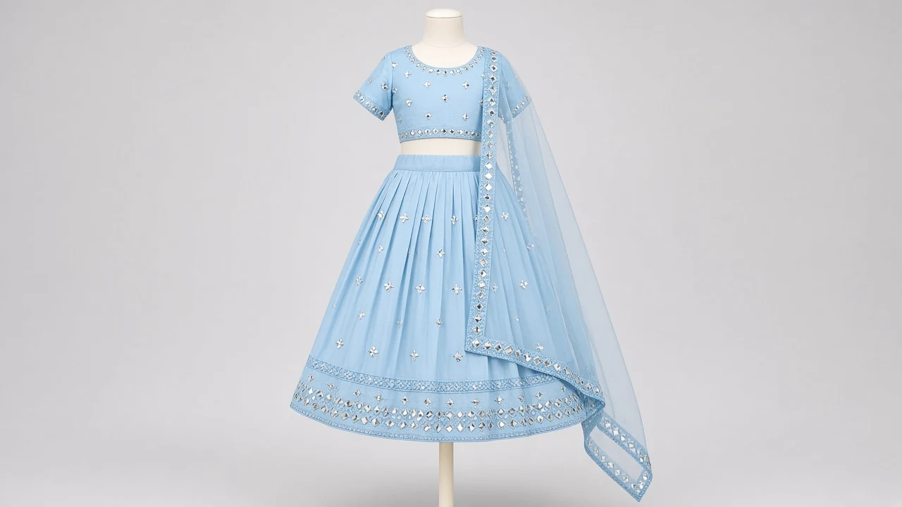 Sky Blue Mirror Work Lehenga – Girls Sky Blue Lehenga with Light Mirror Embroidery | Custom Tailored
