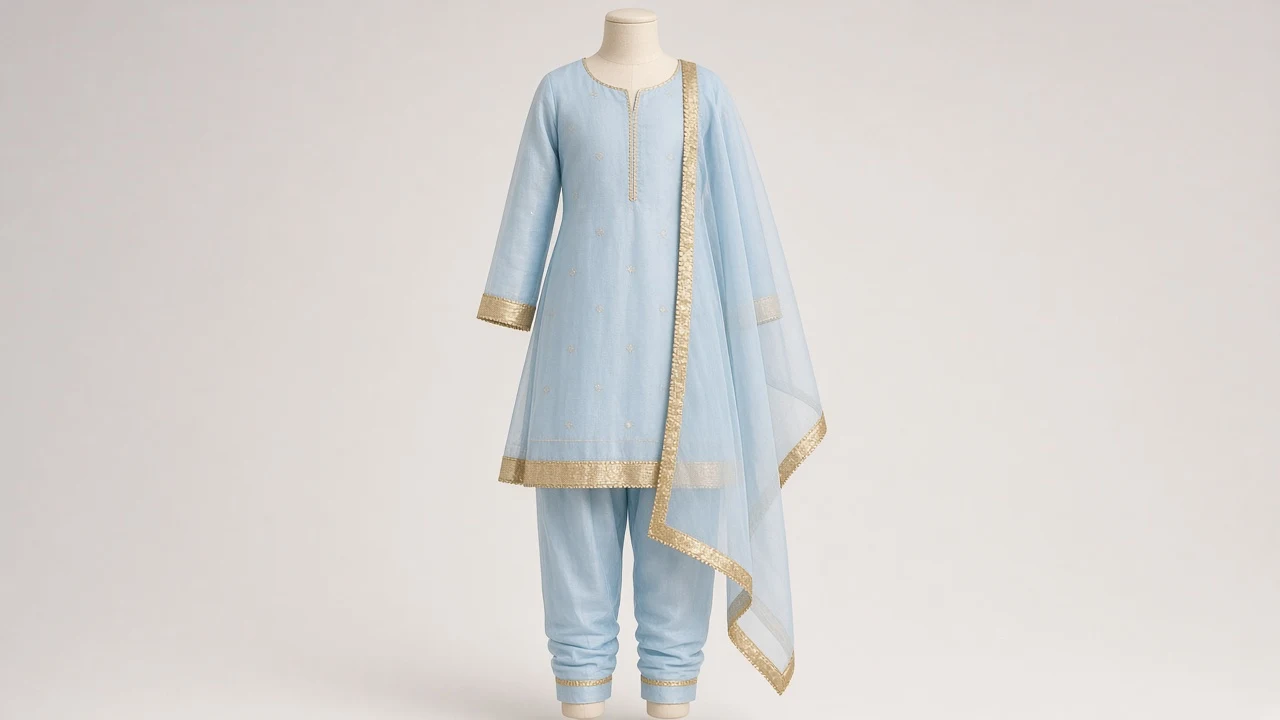 Ice Blue Organza Eid Salwar Kameez – Girls Pastel Blue Organza Festive Set | Custom Tailored Kids