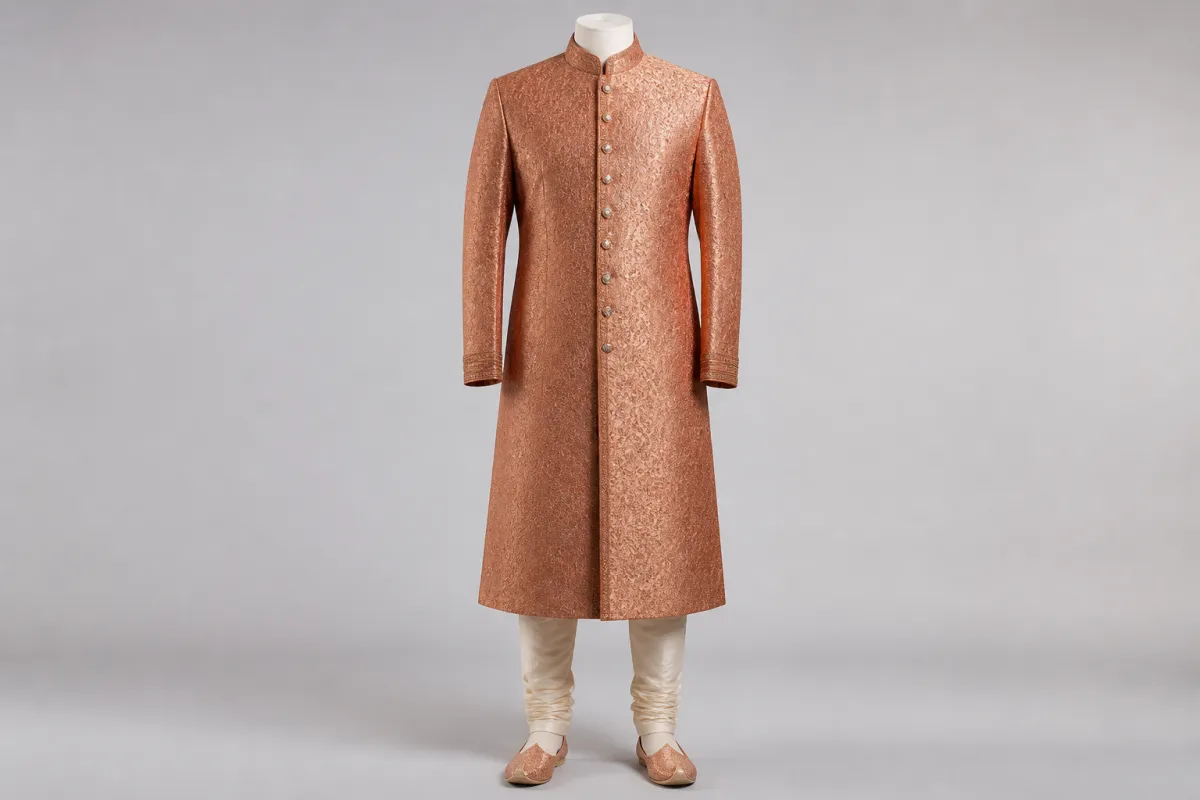 Copper Brocade Sherwani – Men's Copper Brocade Wedding Sherwani + Churidar | Custom Tailored