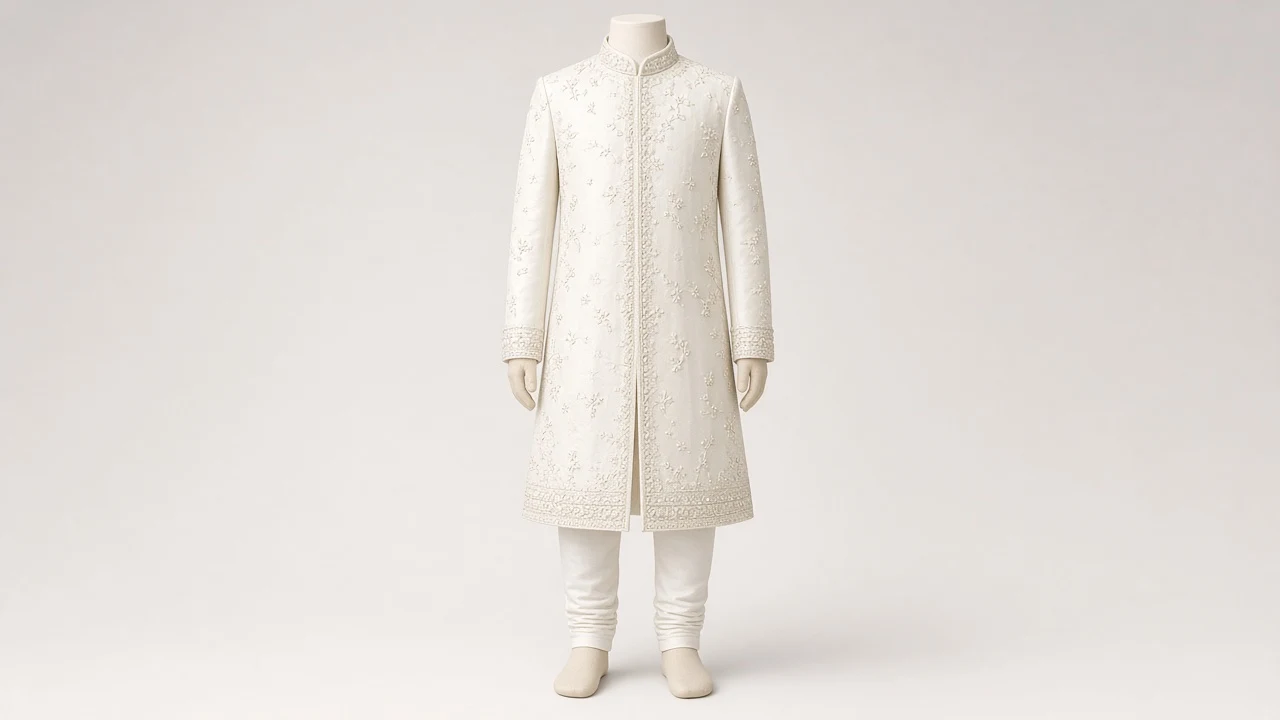 White Pearl Work Wedding Guest Sherwani – Boys' White Pearl Work Wedding Guest Sherwani + Churidar | Custom Tailored Kids