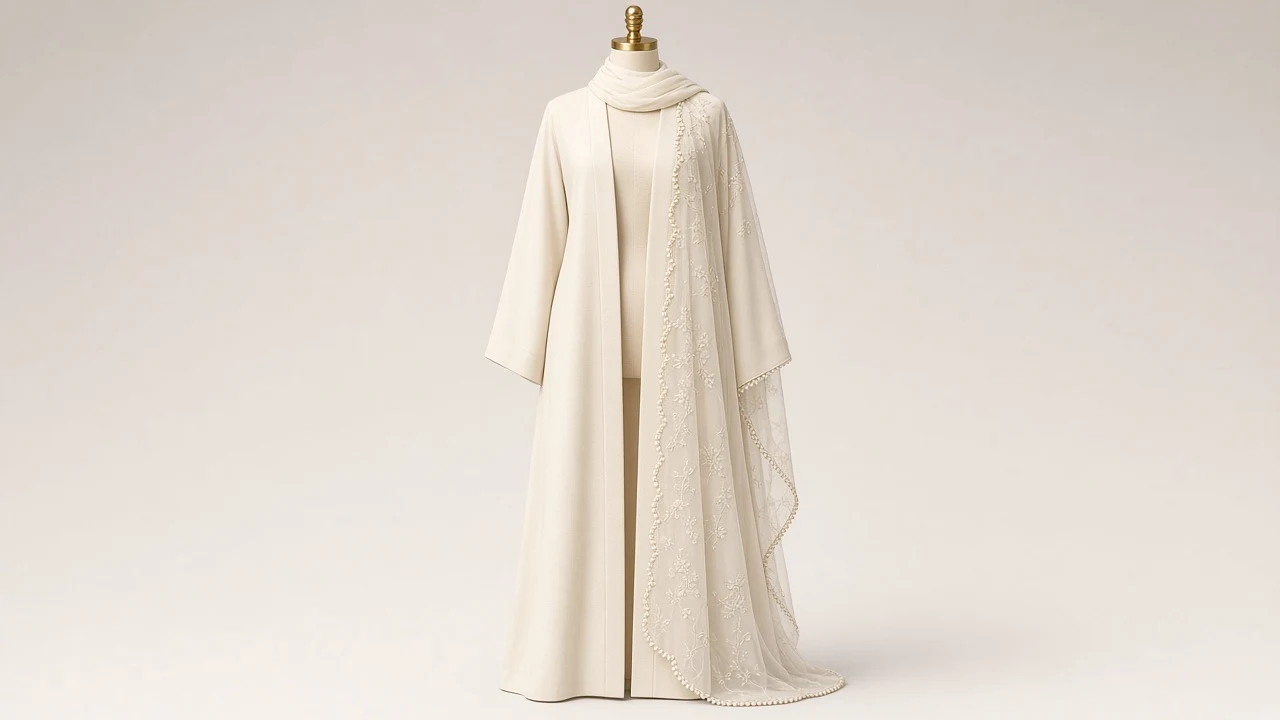 Ivory Net Dupatta Style Abaya – Cream Nida Abaya with Attached Net Embroidered Drape | Custom Tailored