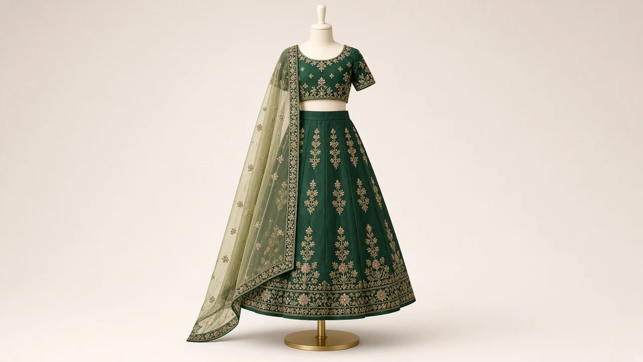 Forest Green Resham Lehenga – Girls Forest Green Lehenga with Resham Embroidery | Custom Tailored