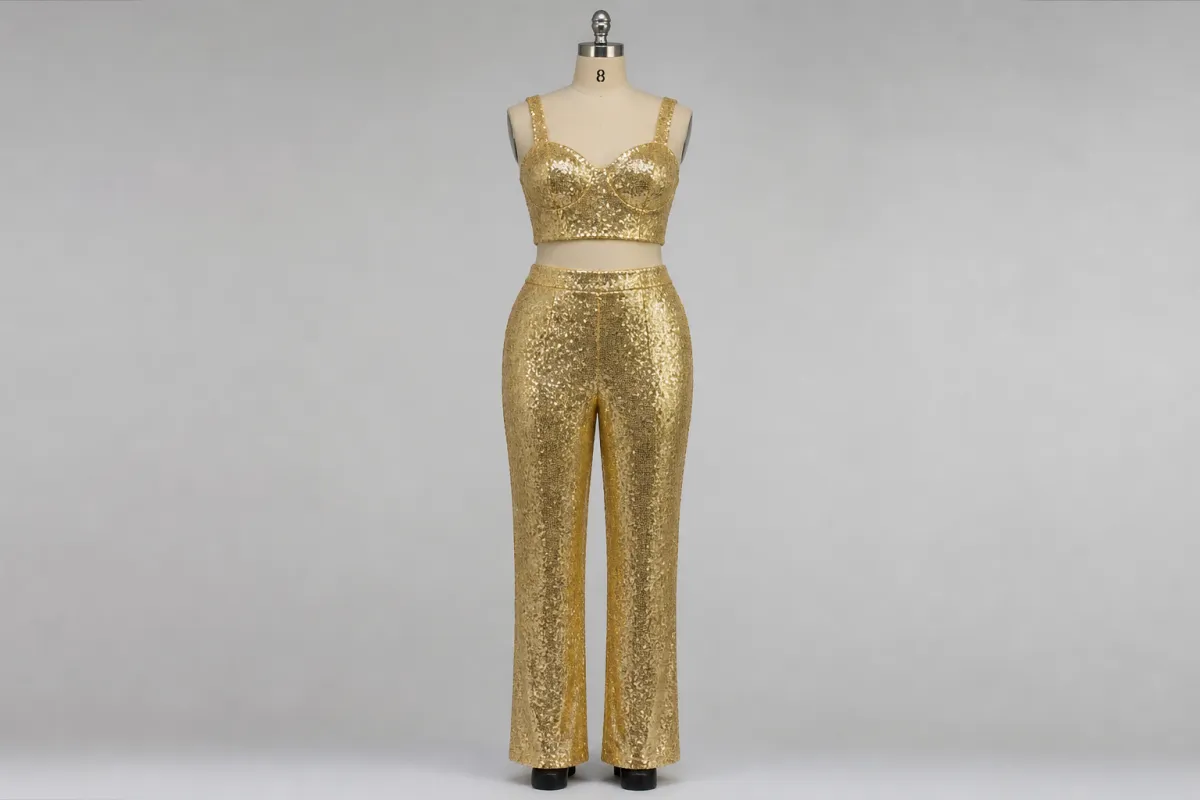 Gold Sequin Co-ord Set – Gold Sequin Crop Top with Straight Pants | Custom Tailored