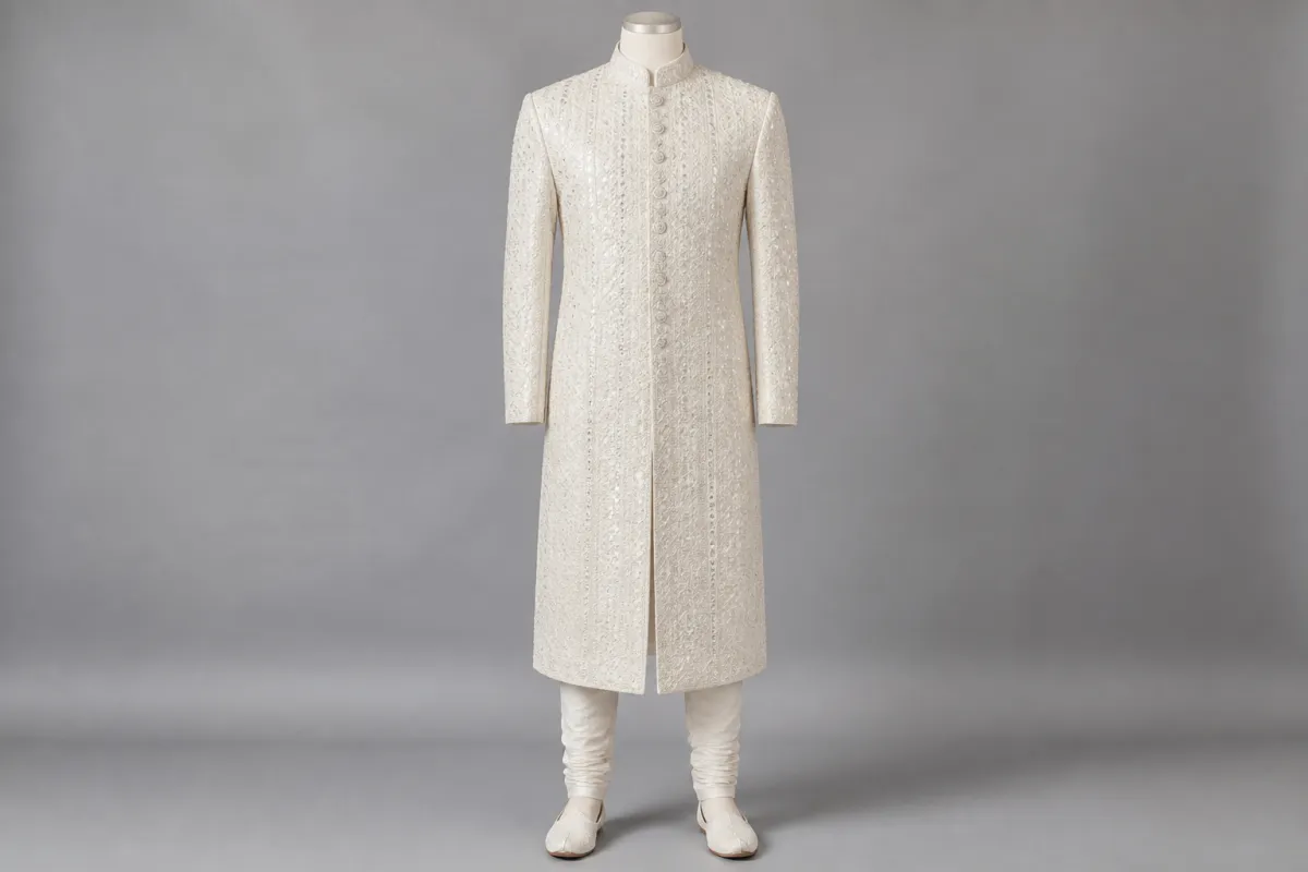 Ivory Mirror Work Sherwani – Men's Ivory Mirror Work Festive Sherwani + Churidar | Custom Tailored