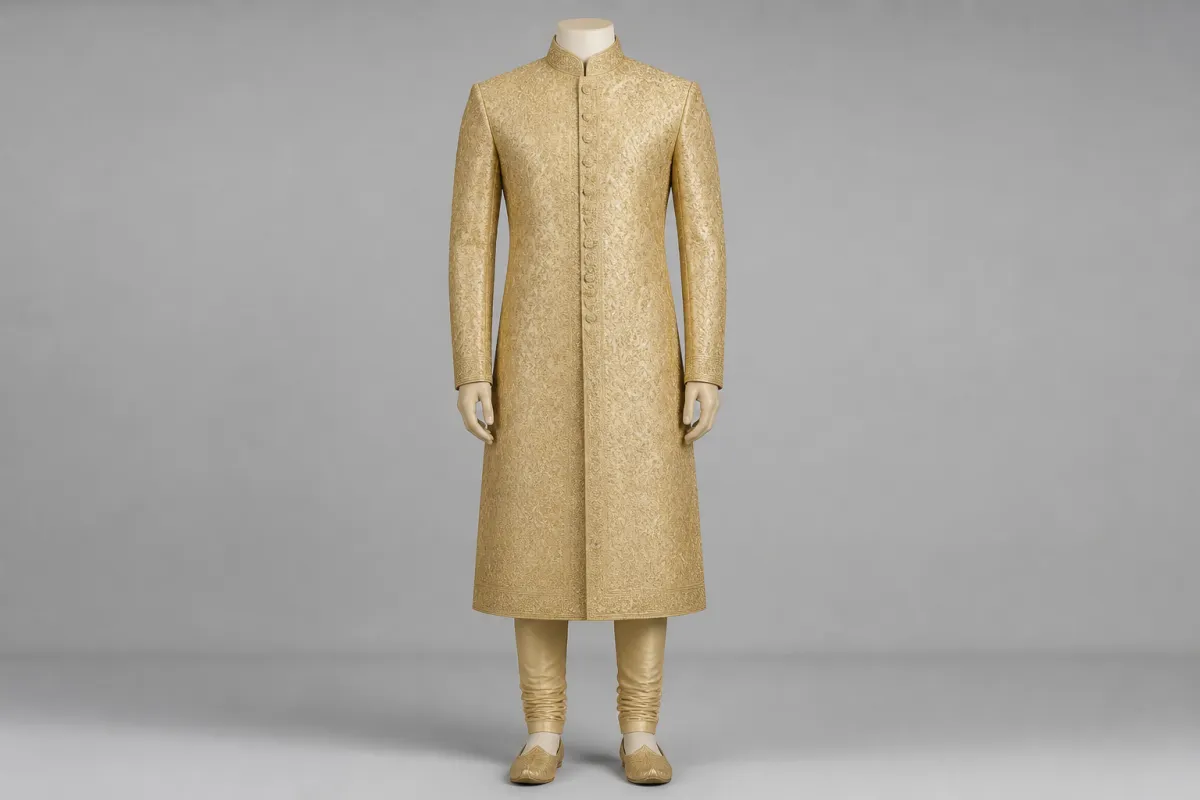 Gold Brocade Sherwani – Men's Gold Brocade Wedding Sherwani + Churidar | Custom Tailored