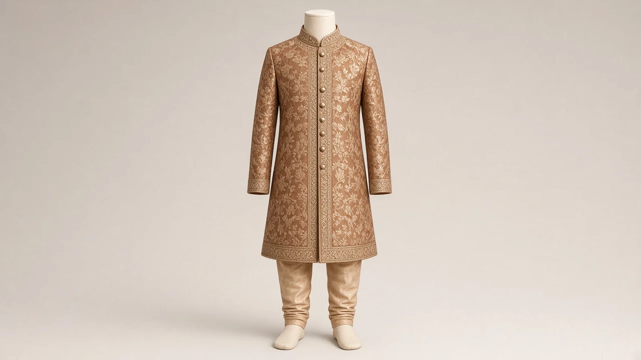 Copper Brocade Festive Sherwani – Boys' Copper Brocade Festive Sherwani + Churidar | Custom Tailored Kids