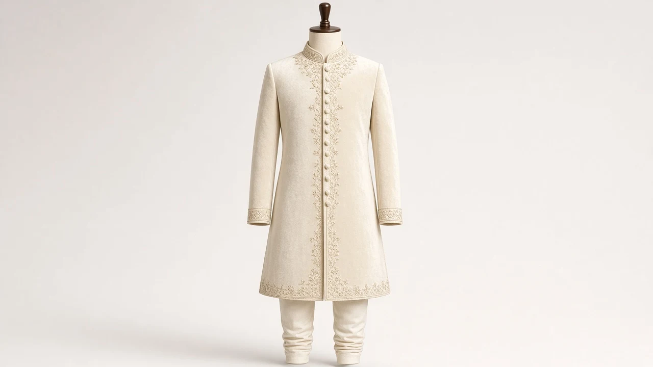 Ivory Velvet Winter Sherwani – Boys' Ivory Velvet Winter Sherwani + Churidar | Custom Tailored Kids