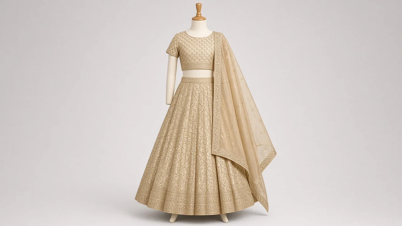 Gold Tissue Birthday Lehenga – Girls Champagne Gold Tissue Lehenga with Woven Jaal | Custom Tailored