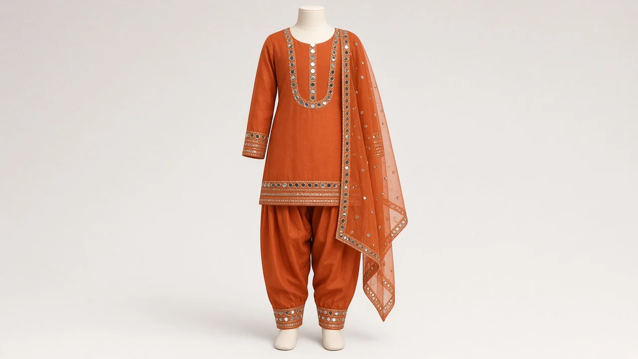 Burnt Orange Mirror Patiala Kameez – Girls Terracotta Mirror Work Patiala Set | Custom Tailored Kids