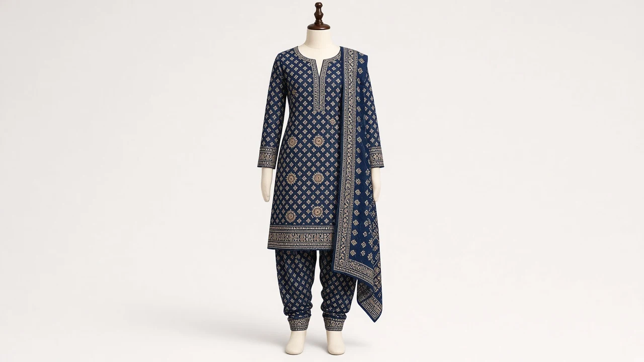 Navy Ajrakh Churidar Kameez – Girls Indigo Block Print Cotton-Silk Set | Custom Tailored Kids