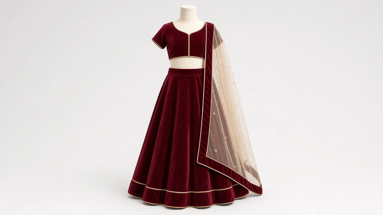 Wine Light Velvet Festive Lehenga – Girls Wine Burgundy Light Velvet Lehenga | Custom Tailored