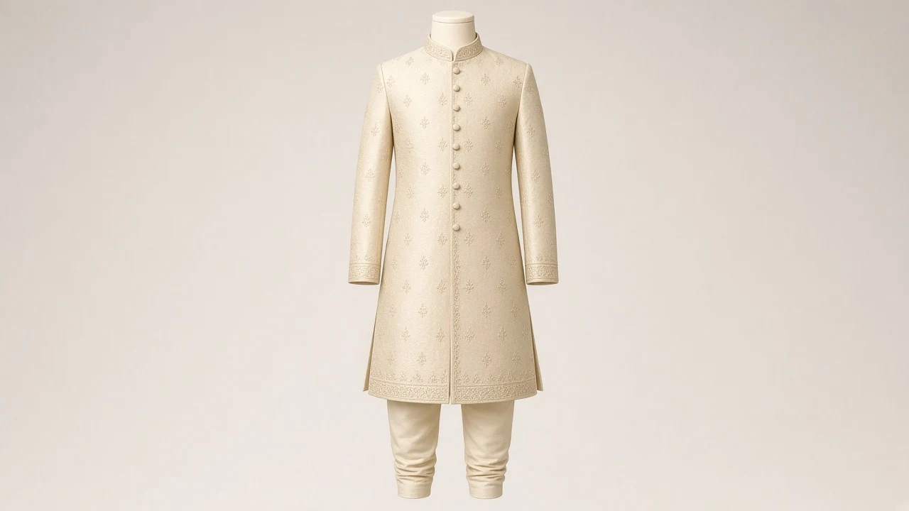 Cream Silk Eid Sherwani – Boys' Cream Silk Eid Sherwani + Churidar | Custom Tailored Kids