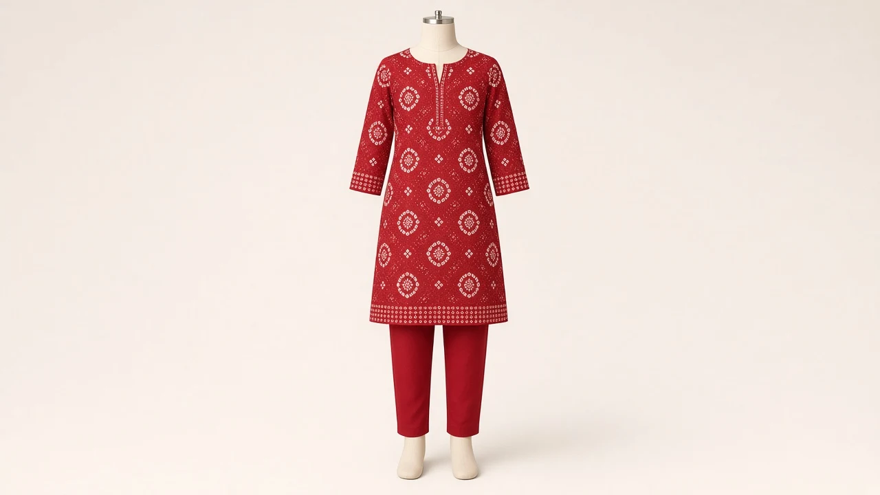 Red Bandhani Print Kurti Set – Girls Red Bandhani Print Kurti with Pants | Custom Tailored
