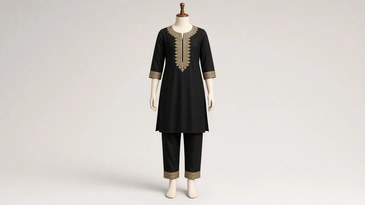 Black Gold Thread Kurti Set – Girls Black Kurti with Gold Threadwork and Pants | Custom Tailored
