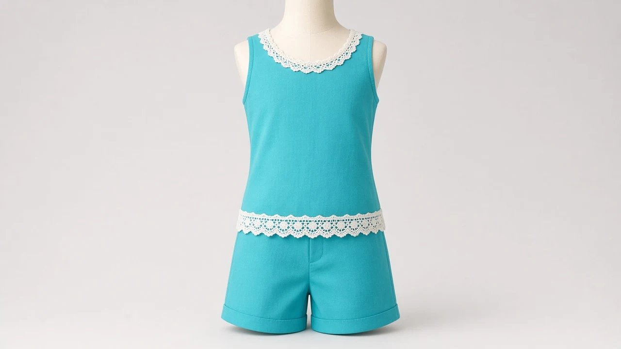 Turquoise Crochet Trim Shorts Co-ord - Girls Crochet Trim Top with Shorts | Custom Tailored