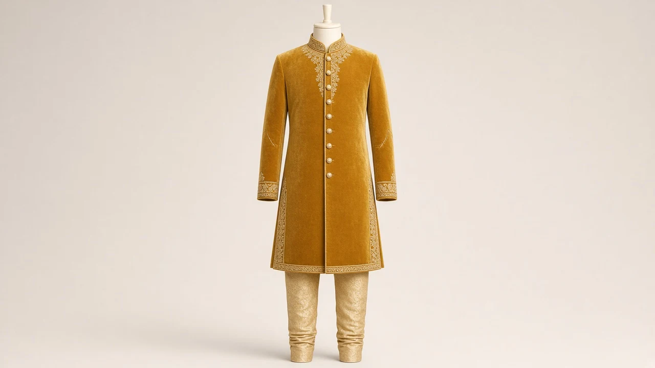 Gold Velvet Celebration Sherwani – Boys' Gold Velvet Celebration Sherwani + Churidar | Custom Tailored Kids