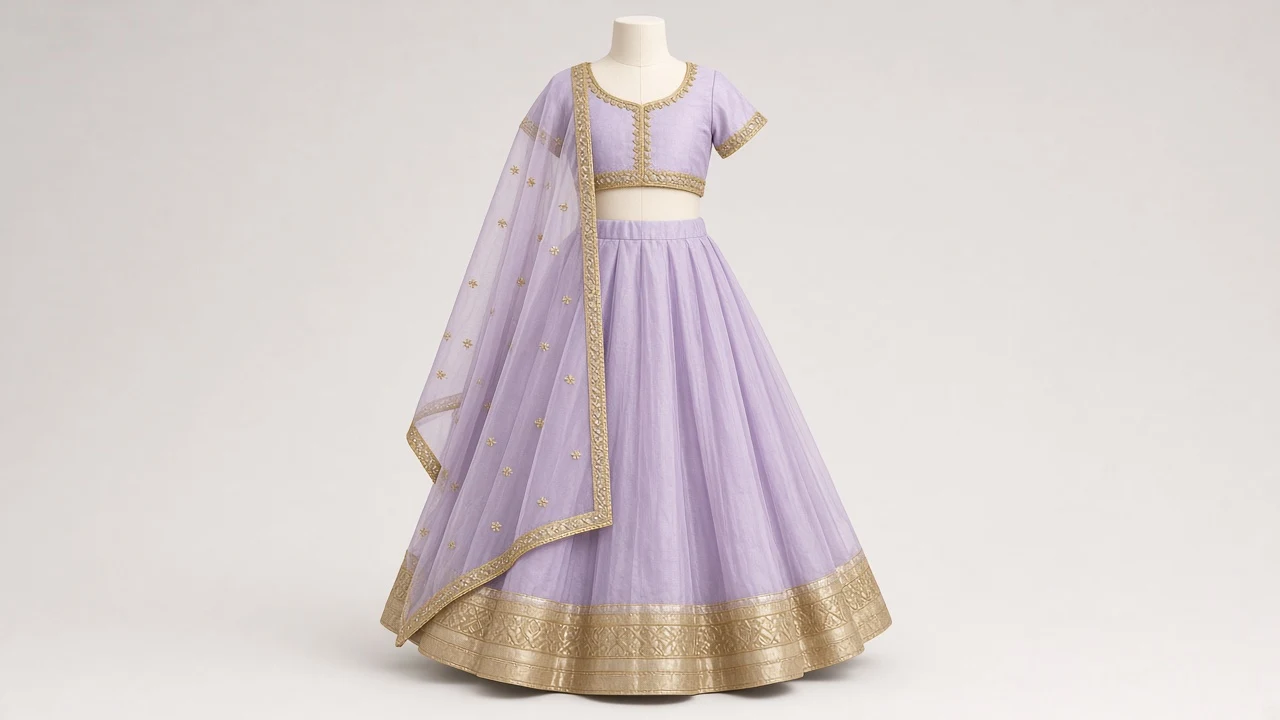 Lavender Organza Eid Lehenga – Girls Pastel Lilac Organza Lehenga with Gota Border | Custom Tailored