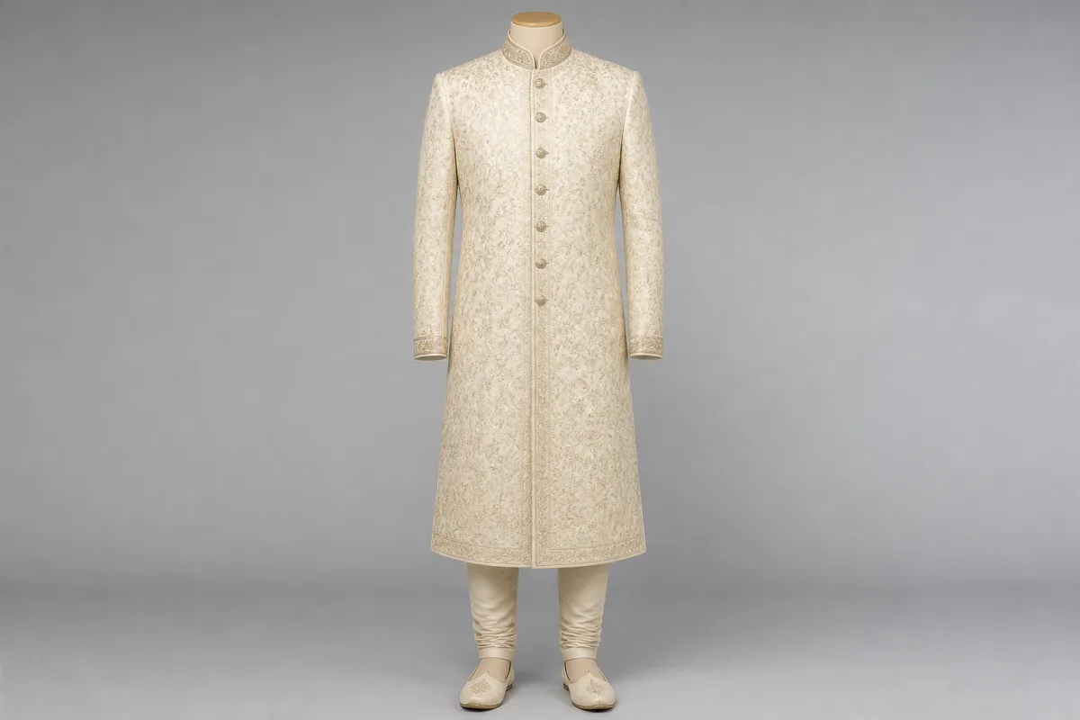Cream Resham Sherwani – Men's Cream Resham Embroidered Sherwani + Churidar | Custom Tailored