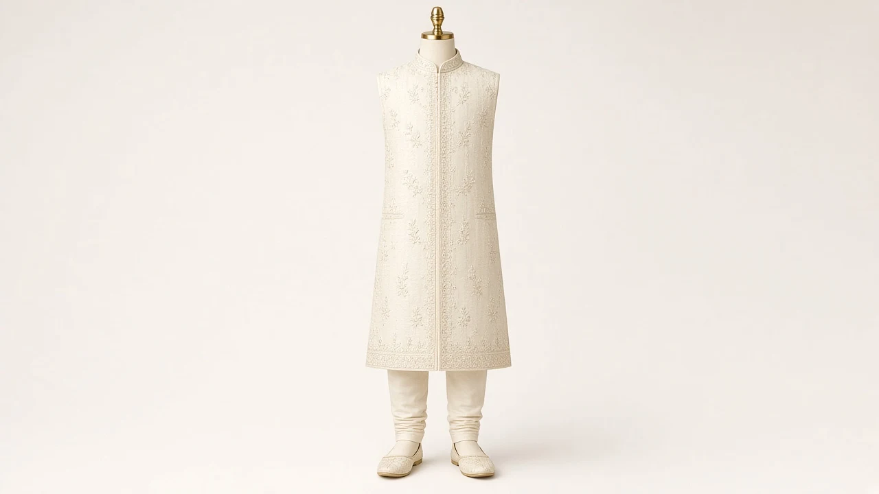 Cream Lucknowi Embroidered Sherwani – Boys' Cream Lucknowi Embroidered Sherwani + Churidar | Custom Tailored Kids