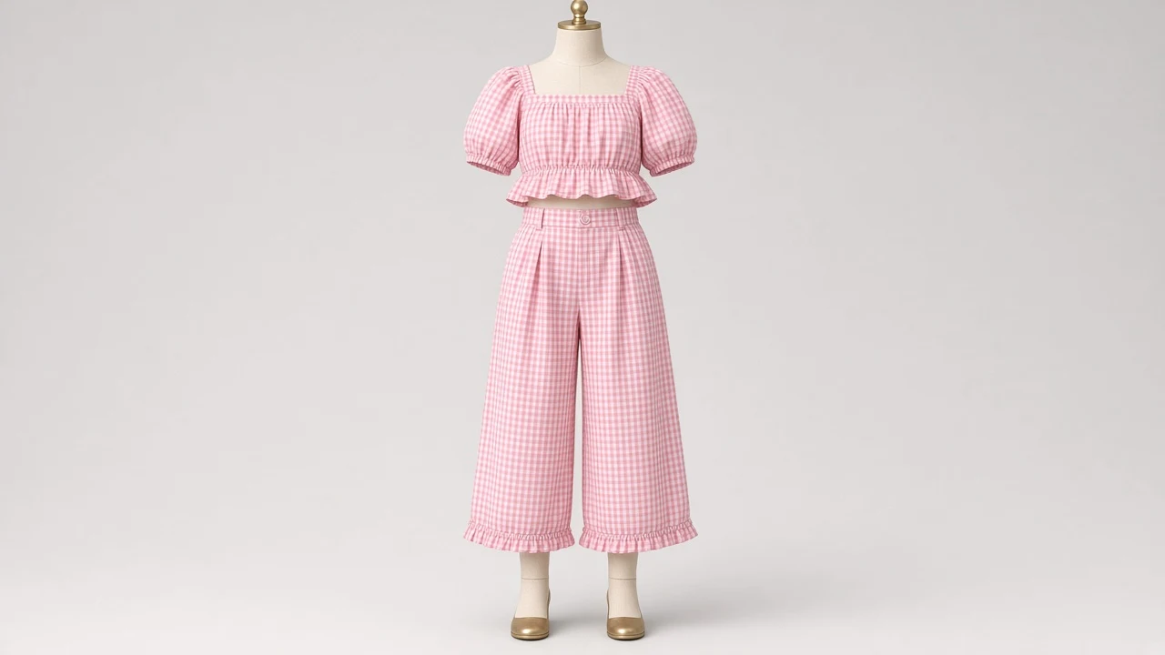 Pink Gingham Puff Sleeve Culotte Co-ord - Girls Puff Sleeve Top with Culottes | Custom Tailored