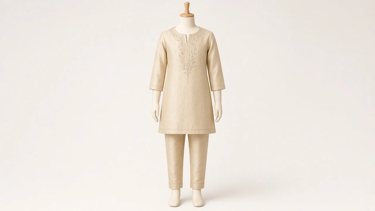 Champagne Gold Occasion Kurti Set – Girls Champagne Gold Embellished Kurti with Pants | Custom Tailored