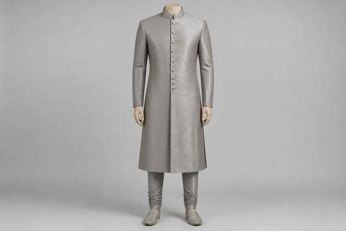 Grey Silk Sherwani – Men's Grey Silk Festive Sherwani + Churidar | Custom Tailored