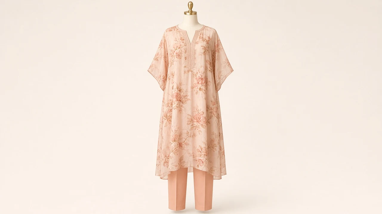 Peach Floral Printed Kaftan Set – Soft Peach Floral Kaftan with Plain Peach Trousers | Custom Tailored
