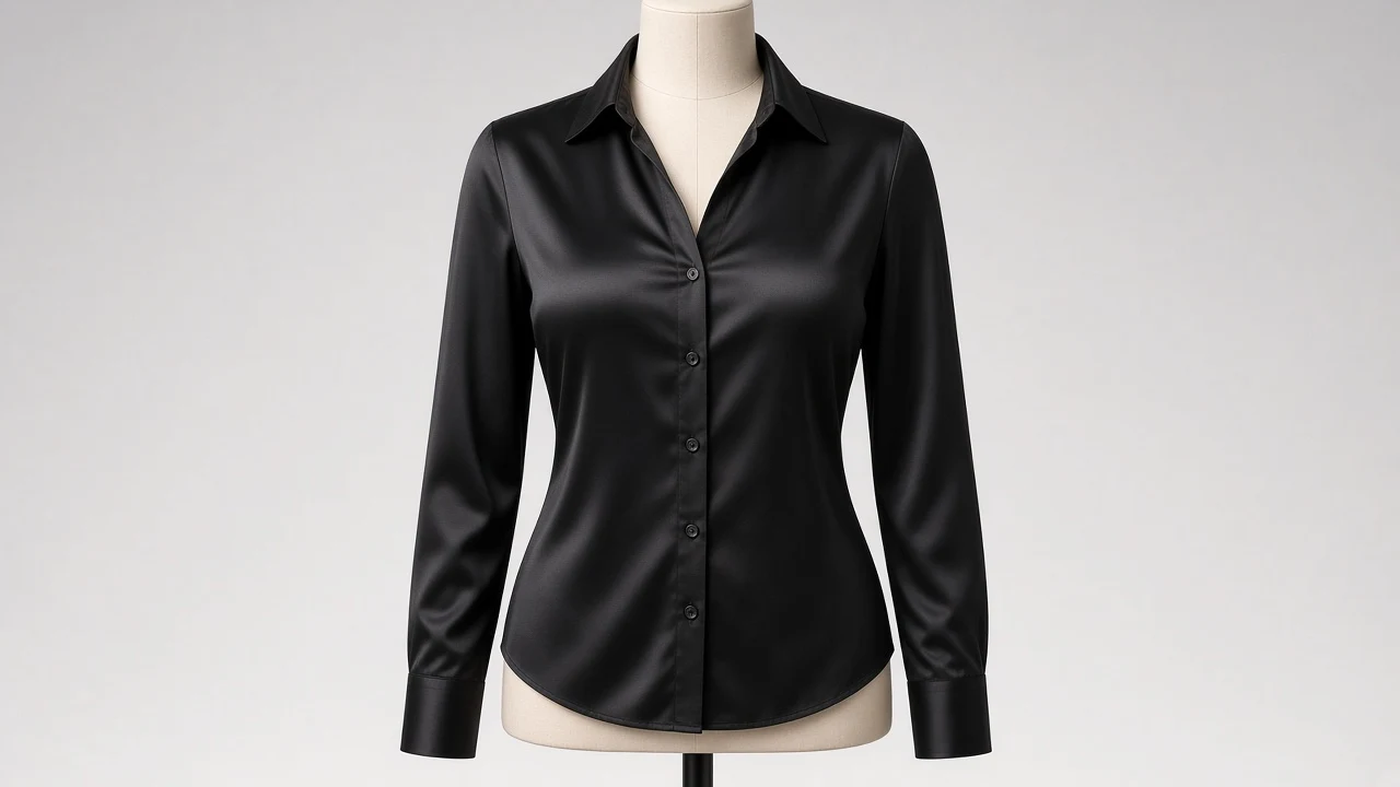 Black Satin Spread Collar Full Sleeve Shirt - Women's Solid Black Satin Shirt | Custom Tailored