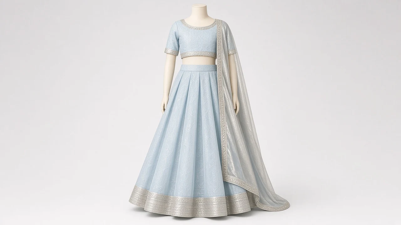 Ice Blue Organza Eid Lehenga – Girls Ice Blue Organza Lehenga with Silver Border | Custom Tailored