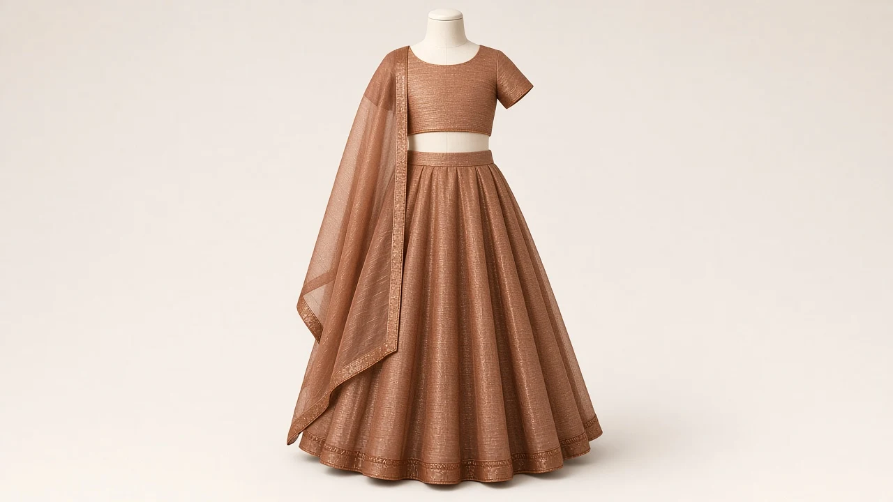 Copper Bronze Shimmer Lehenga – Girls Copper Lurex Festive Lehenga | Custom Tailored