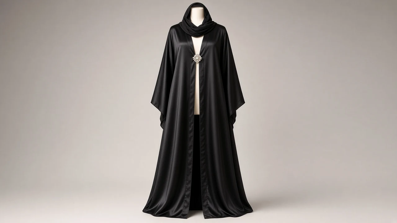 Black Silk Abaya – Luxe Black Satin Silk Open-Front Abaya with Decorative Brooch | Custom Tailored