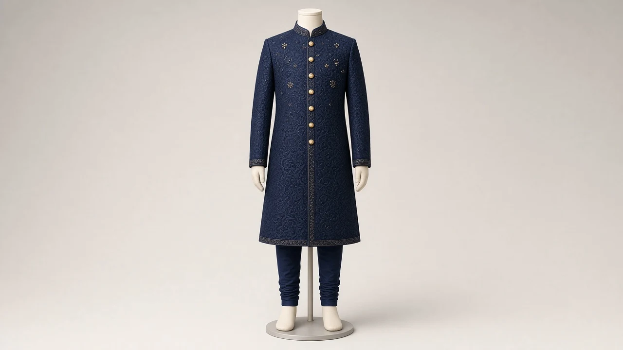 Midnight Blue Brocade Sherwani – Boys' Midnight Blue Brocade Sherwani + Churidar | Custom Tailored Kids