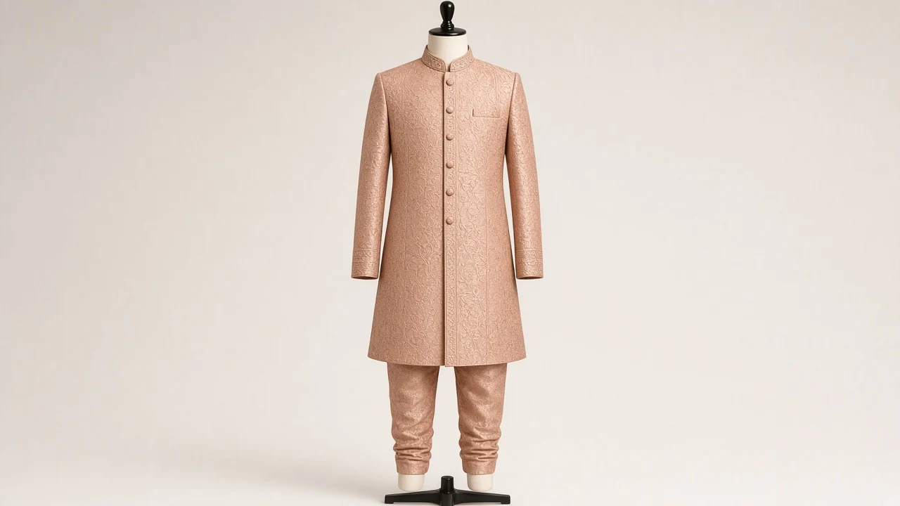 Rose Gold Jacquard Sherwani – Boys' Rose Gold Jacquard Wedding Sherwani + Churidar | Custom Tailored Kids