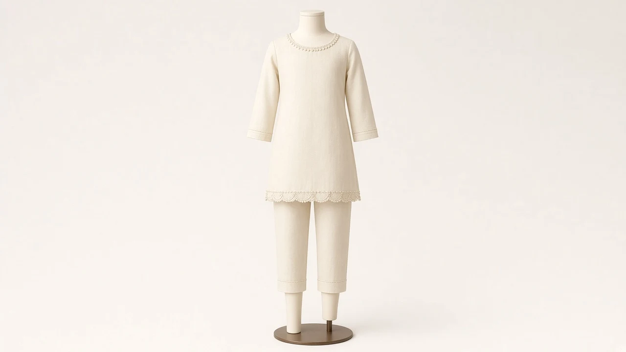 Ivory Pearl Border Kurti Set – Girls Ivory Kurti with Pearl Border and Pants | Custom Tailored