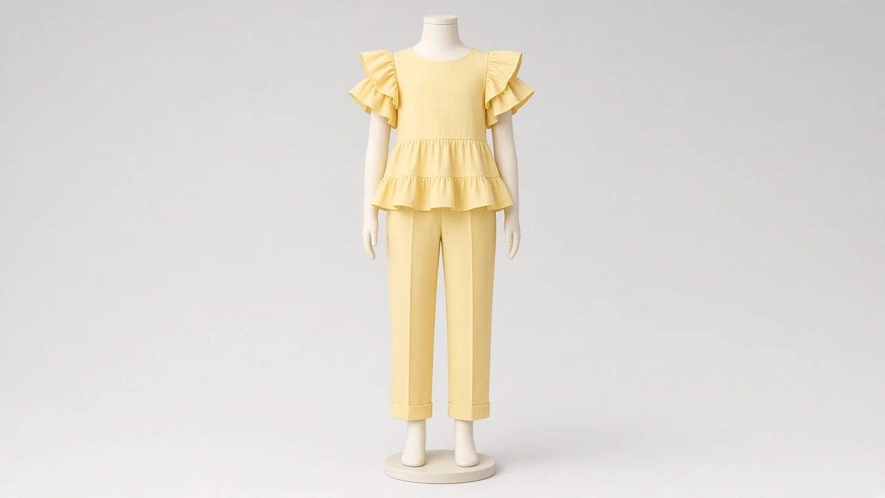Butter Yellow Ruffle Sleeve Trouser Co-ord - Girls Ruffle Peplum Top with Ankle Trousers | Custom Tailored