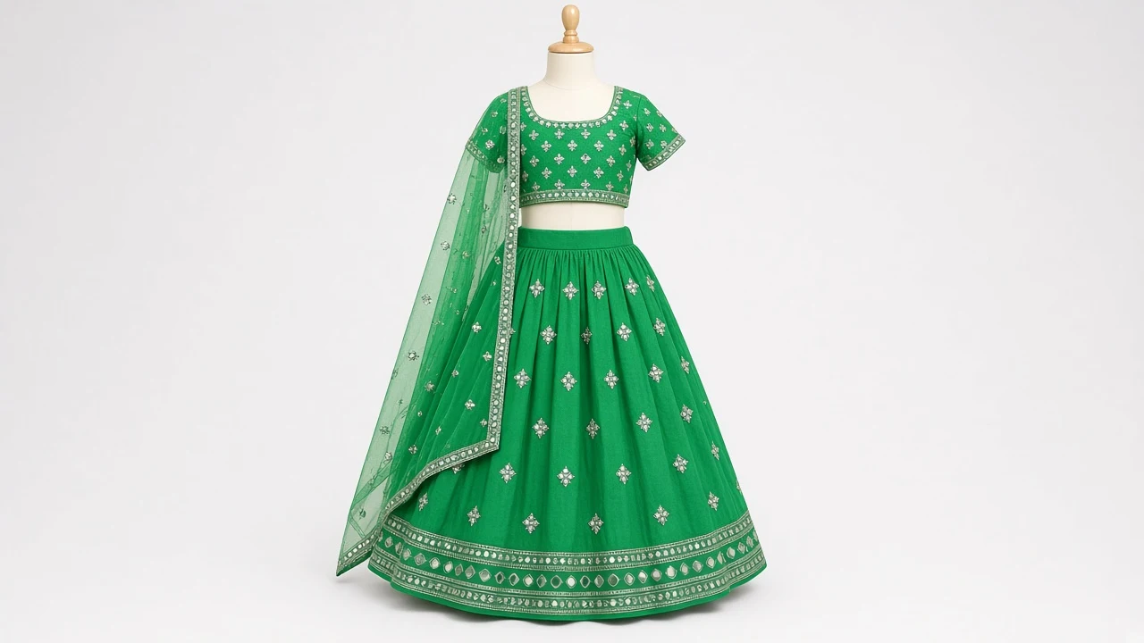 Bright Green Mirror Lehenga – Girls Bright Green Mirror-Work Festive Lehenga | Custom Tailored