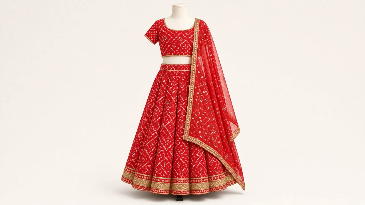 Red Bandhani Navratri Lehenga – Girls Red Bandhani Tie-Dye Lehenga | Custom Tailored