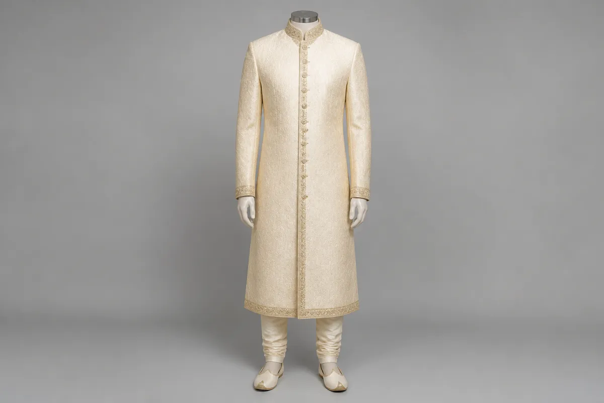 Ivory Silk Sherwani – Men's Ivory Silk Festive Sherwani + Churidar | Custom Tailored