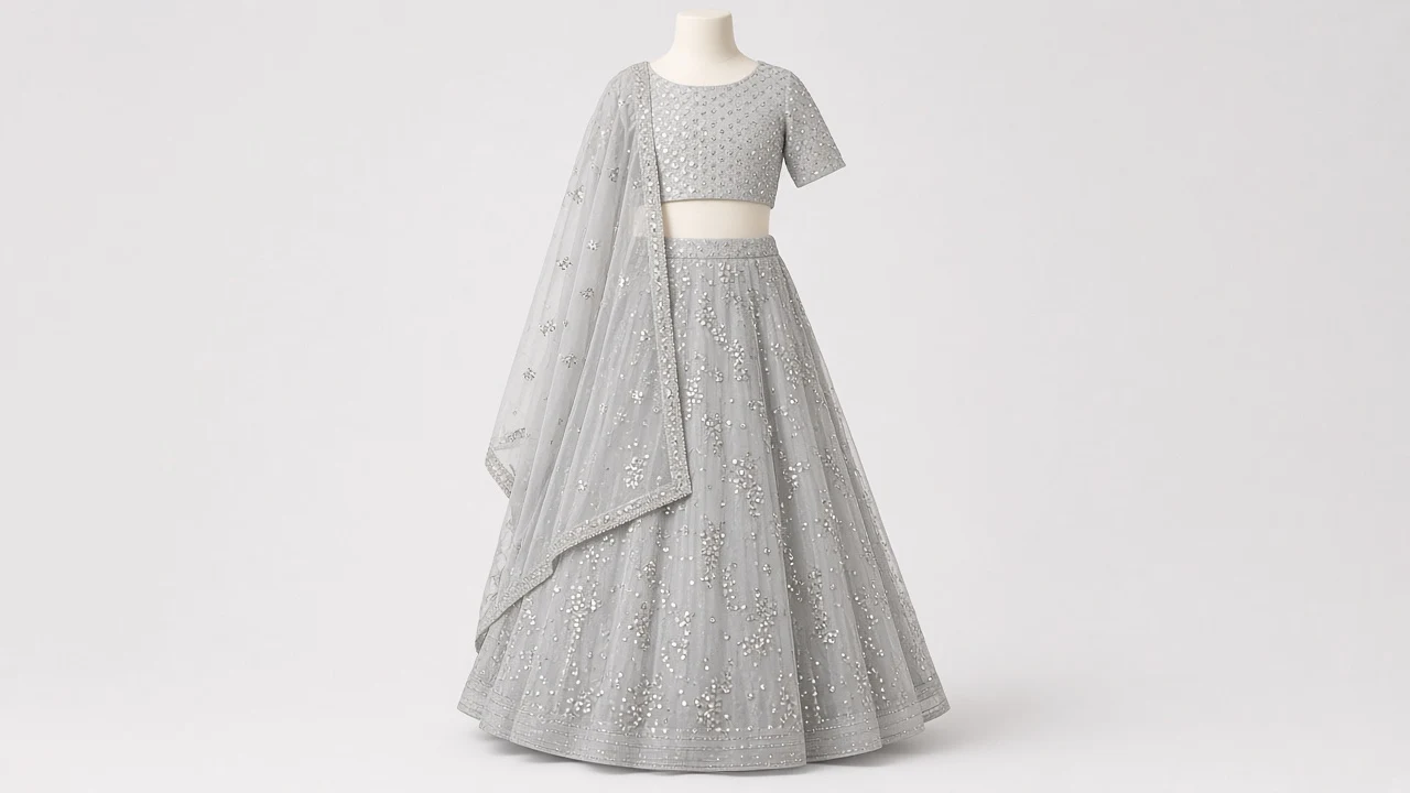 Silver Grey Sequin Eid Lehenga – Girls Silver Grey Sequin Lehenga for Eid | Custom Tailored