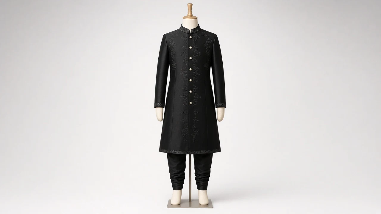 Black Silk Formal Sherwani – Boys' Black Silk Formal Sherwani + Churidar | Custom Tailored Kids