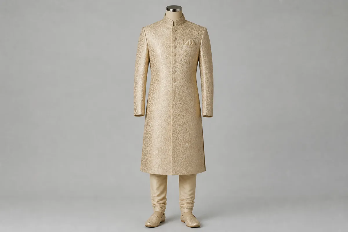 Champagne Jacquard Sherwani – Men's Champagne Jacquard Sherwani + Churidar | Custom Tailored