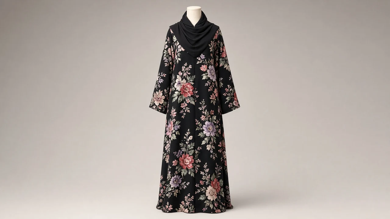 Multi Floral Printed Abaya – Black Base All-Over Floral Print Modest Abaya | Custom Tailored