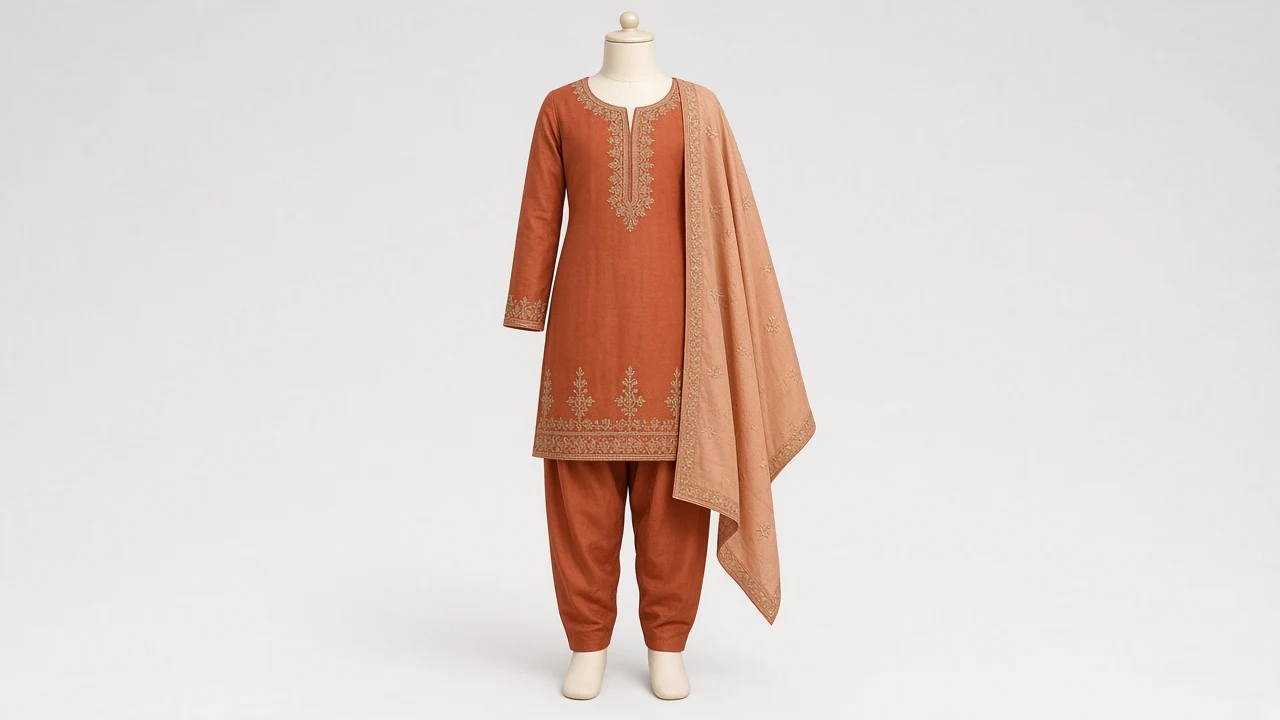 Rust Aari Embroidered Salwar Kameez – Girls Terracotta Cotton-Silk with Thread Work | Custom Tailored Kids